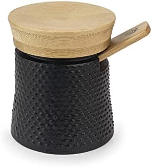 Peugeot Bali Black Cast-Iron Pepper Mill & Salt Cellar With Wooden Tray Gift Boxed- With Wooden Spice Scoop
