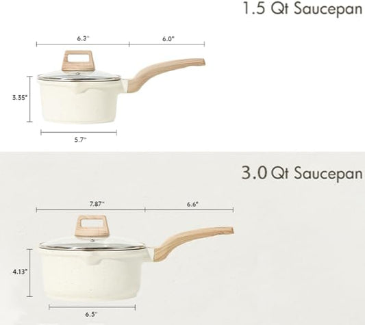 CAROTE 1.5Qt & 3.0Qt Sauce Pan Sets with Lid Cooking Pots Nonstick Saucepans Cookware Set with Pour Spout Small Kitchen Pot, Induction Comptable, Easy to Clean, PFOA FREE (White Granite)