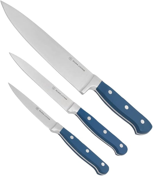 3-Piece Kitchen Knife Set – Ultra-Sharp Forged High Carbon Stainless Steel, 8" Chef, 5" Utility, 3.5" Paring Knives, Ergonomic Handles, Professional Starter Set, Royal Blue
