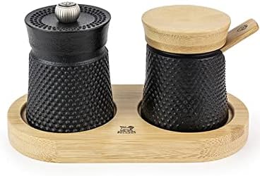 Peugeot Bali Black Cast-Iron Pepper Mill & Salt Cellar With Wooden Tray Gift Boxed- With Wooden Spice Scoop