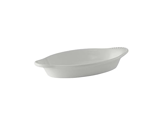 Tuxton China BWN-080 Welsh Rarebit, 8 oz., 8-1/8" x 4-3/8" x 1-1/4"H, Oval, Microwave and Dishwasher Safe, Oven Proof, Fully Vitrified, Ceramic, TuxCare, Healthcare, White, Pack of 12