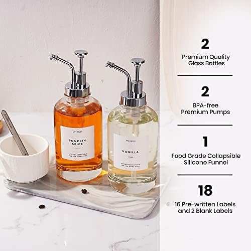MoliMoli Coffee Syrup Dispenser for Coffee Bar, Coffee Pump Dispenser, Glass Syrup Bottle w. Pump, Maple/Coffee Syrup Bottles, Syrup Dispenser Set of 4, w. Labels, Siver