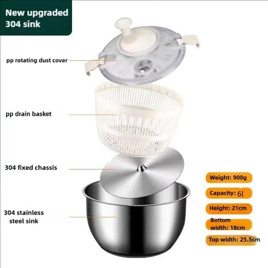 6L Stainless Steel Salad Spinner, Salad Spinner Large,Lettuce Spinner, Quick Spin for Drying Vegetables, Vegetable Dryer, Fruit Washer, Pasta & Fries Produce Strainer A Must-Have for Your Kitchen