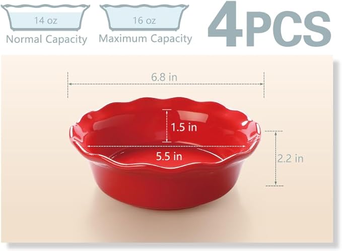 ONEMORE Pie Pans, 6.8 inch Small Chicken Pot Pie Plates 16 oz Deep Dish Pie Pan Ceramic Baking Plates for Dessert Oven Safe Round Baking Dish Pans Set of 4 - Red