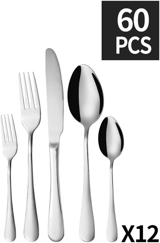 60 Piece Silverware Set with 12 Dinner Knives and Forks, Top-Grade Stainless Steel Cutlery Set for Home, Restaurant and Hotel Dining,Mirror Finish, Dishwasher Safe (Silver)