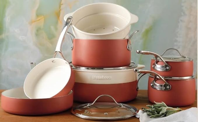 Bloomhouse 12 Piece Aluminum Pots and Pans Cookware Set w/Non-toxic Ceramic Non-stick, Ceramic Steamer Insert, & 12 Protective Care Bags - Terracotta Orange