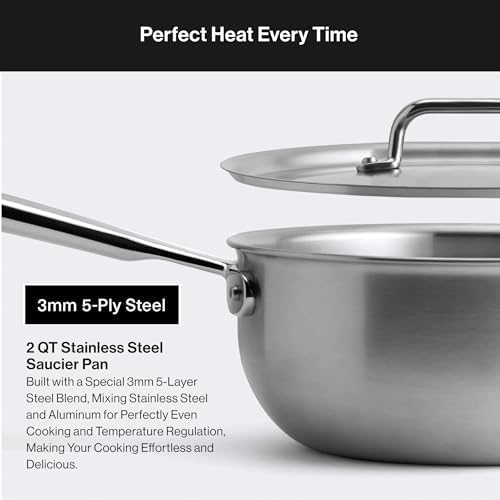 Misen 5-Ply Stainless Steel Saucier with Lid– Induction-Compatible Pan with Curved Sides for Smooth Stirring - Oven Safe to 800F – Even Heat Distribution & Ergonomic Handle - 1.5 QT