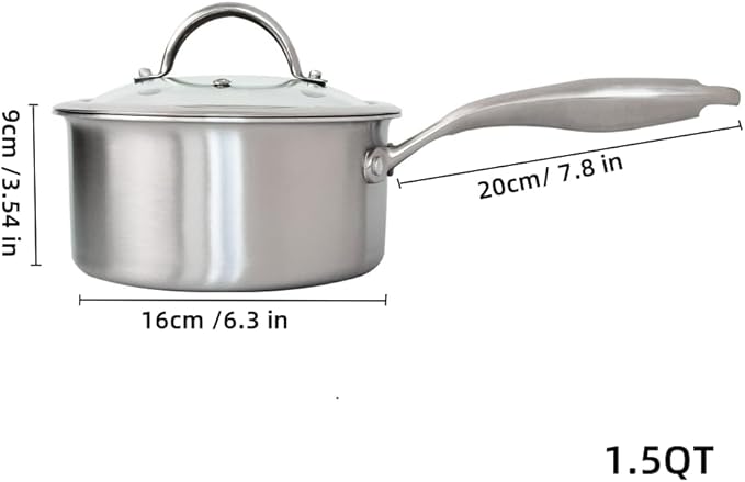 Stainless Steel Small Brushed Saucepan With Lid, Induction Cooking Sauce Pot Pans, 18/10 Tri-Ply Heavy Bottom Saucier Cookware, Dishwasher Safe & Oven Safe (1.5QT)