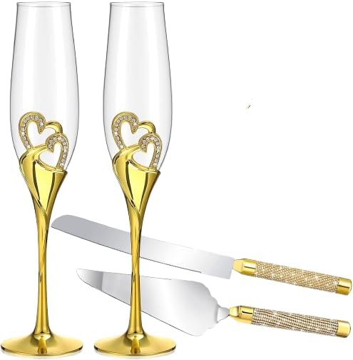 Elegant Wedding Champagne Flutes and Cake Knife Set, Features Rhinestone Rimmed Toasting Glasses and Cake Cutting Server for Couple’s Special Day (Silver) (Gold)