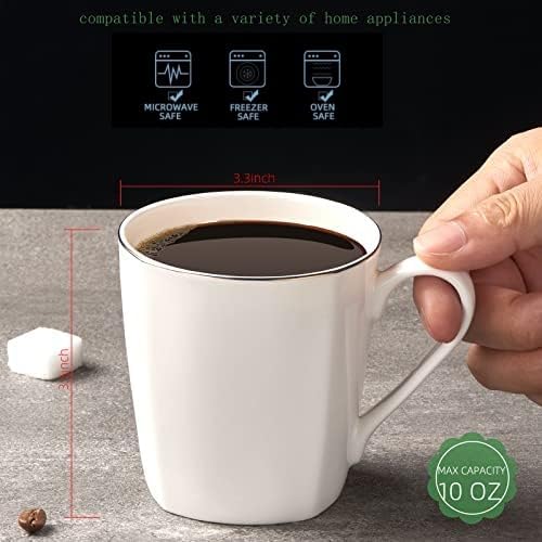 10 Oz White Bone China Coffee Mugs,Porcelain Tea Cups Ceramic Lightweight Set of 6, Luxury Mugs with Gold Trim for Espresso, Hot Cocoa, Cappuccino, Latte and Cold Drinks, Microwave Safe