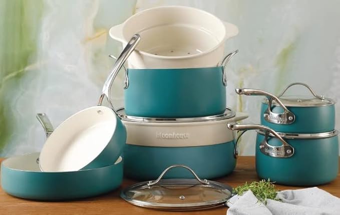 Bloomhouse 12 Piece Aluminum Pots and Pans Cookware Set w/Non-toxic Ceramic Non-stick, Ceramic Steamer Insert, & 12 Protective Care Bags - Agave Blue
