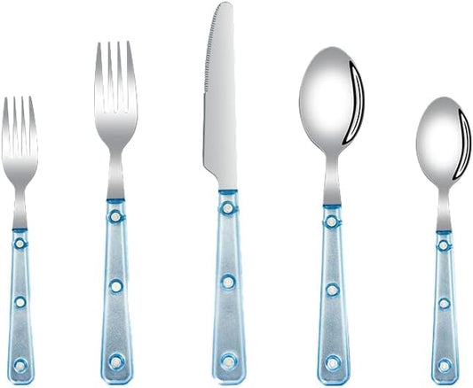 Silverware Set, 20 Piece Stainless Steel Cutlery set,Set for 4 People,Includes Knife, Fork, Spoon, Dessert Spoon and Dessert Fork, with Elegant Frosted Transparent Handles (Blue(20 PC))