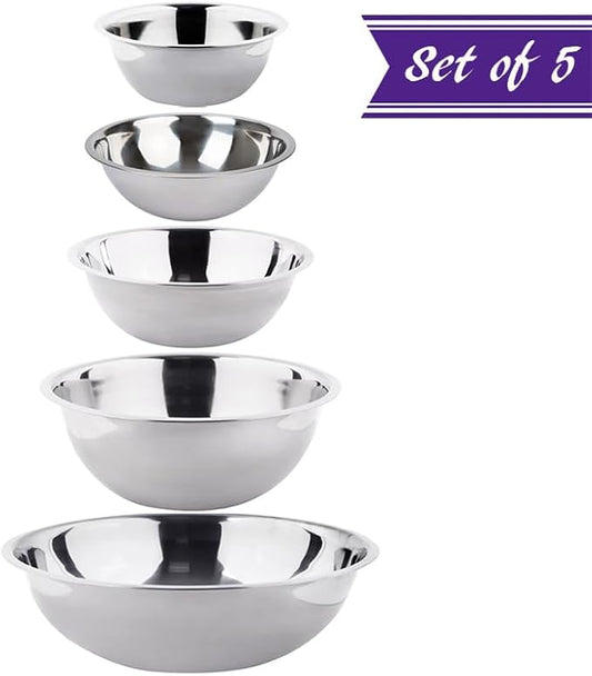 (Set of 5) Stainless Steel Mixing Bowls Set 3-4-5-8-13 Quart Polished Mirror Finish Nesting Flat Base Bowls Commercial Mixing Bowls Prep Bowls