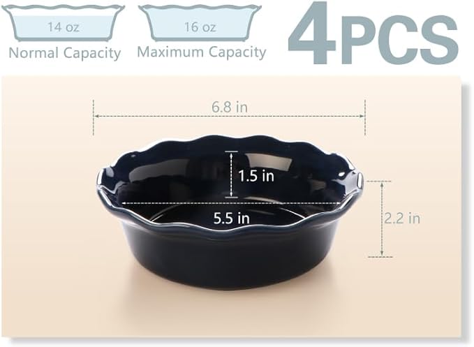ONEMORE Pie Pans, 6.8 inch Small Chicken Pot Pie Plates 16 oz Deep Dish Pie Pan Ceramic Baking Plates for Dessert Oven Safe Round Baking Dish Pans Set of 4 - Blue
