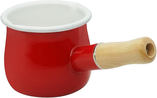 Mini Enamel Milk Pot 4 Inch 17 Oz Dual spout with Wooden Handle, Small Sauce Pan Perfect Size for Heating Smaller Liquid Portions (Red)