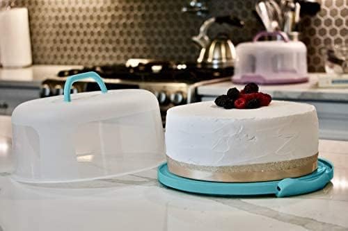 Top Shelf Elements Round Cake Carrier Two Sided Cake Holder Serves as Five Section Serving Tray, Portable Cake Stand Fits 10 inch Cake, Cake Box Comes With Handle, Cake Container Holds Pies (Aqua)