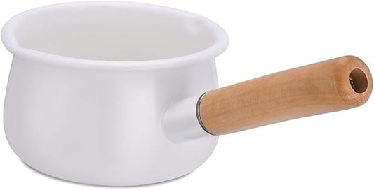 Enamel Milk Pan with Dual Pour Spout Butter Warmer Milk Pot for Stove Top Healthy White Enameled Inside Coating Iron 1QT Small Soup Pot with Wooden Handle (White)