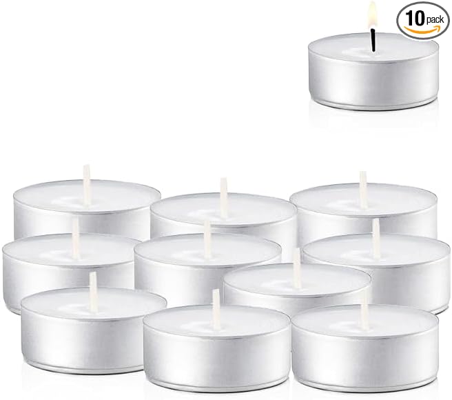 Tea Lights Candles - 4.5 Hour Burn Time - 10 Pack Bulk Candles - White Unscented - Travel Candles - Shabbat Candles - Long Burn Time