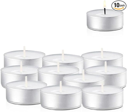 Tea Lights Candles - 4.5 Hour Burn Time - 10 Pack Bulk Candles - White Unscented - Travel Candles - Shabbat Candles - Long Burn Time