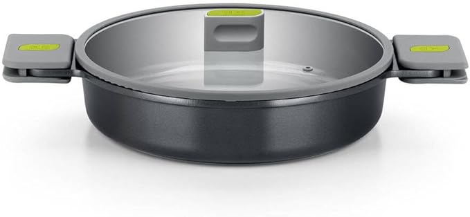 BRA COOKWARE Life Low Casserole w/Glass Lid | 12.6 inches - 4.7 quarts Recycled Cast Aluminum Casserole | Ceramic Non-Stick | All Heat Sources Compatible | PFOA Free Shallow Pot | Removable Handles