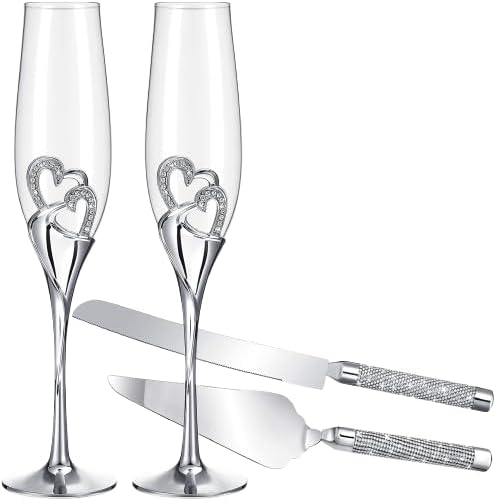 Elegant Wedding Champagne Flutes and Cake Knife Set, Features Rhinestone Rimmed Toasting Glasses and Cake Cutting Server for Couple’s Special Day (Silver)