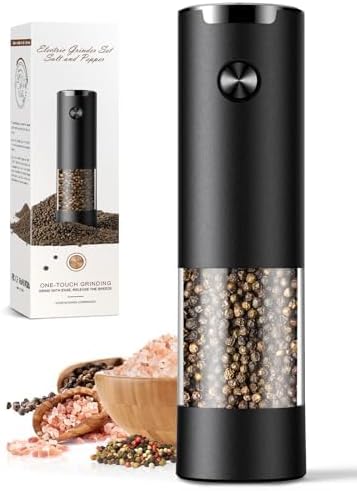 Electric Salt and Pepper Grinder Set Automatic Battery Pepper Mill Shakers Adjustable Coarseness Easy Filling Upgraded Larger Capacity with Led (1 Pack Black)