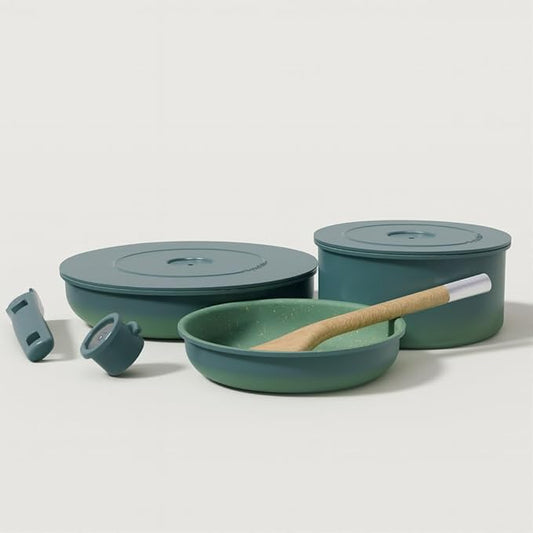 Ombré Ceramic Titanium Non-Toxic, Nonstick Cookware Set 8-Piece Modular System with Removable Handle and Magnetic Lid, Magnetic Spatula, Eco-Friendly, Oven & Dishwasher Safe (Green)