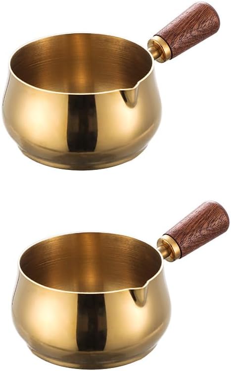 Mini Sauce Pan,Reusable 304 Stainless Steel Sauce Pan, Chocolate Melting Pot Vinegar Dipping Bowls Barbecue Sauce Bowl Mini Butter Coffee Milk Warmer Pot for Tea Soup Warming 2PCS (golden, 80ML)