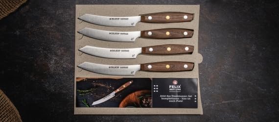 Zepter Felix MIU non serrated steak knives set of 4. High-carbon ice-hardened Solingen steel, professional handmade German cookware. Chef handle, steak knife set without block: 4 filet/dinner knives