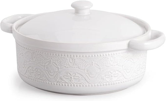 FUN ELEMENTS Casserole Dish, 2 Quart Lace Emboss Dish with Lid, Oven to Table Ceramic Round Serving Handles for Dinner and Party, Thanksgiving Christmas Gifts(Bright White)