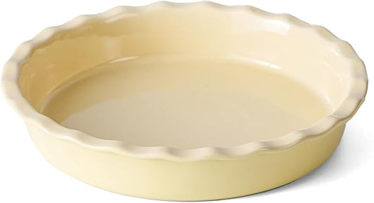 Ceramic Pie Pan for Baking 10 inch, Pie dish for Quiche, Apple Pie, Pot Pies, Deep dish pie plate with ruffled edges, Non-stick Cake Pan, Microwave,Dishwasher,and Oven Safe, Butter Yellow