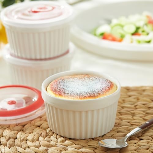 Sweese 6-Pack 8 oz Porcelain Ramekins with Lids, White Souffle Dishes for Baking, Creme Brulee Cups, Oven-Friendly Pudding Custard Bowls – Versatile Kitchen Essentials for Baking and Storing
