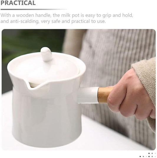 Unomor Mini Sauce Pan Ceramic Milk Pan Porcelain Tea Pot with Lid Wooden Handle 350ml Butter Warmer Mini Cooking Pot Coffee Pitcher for Soup Drink Kung Fu Tea White