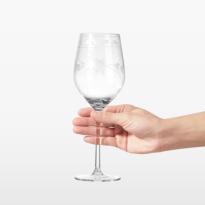 Royalrose Premium Delight Wine Glasses Set of 4,15 oz – Hand-Blown with Etched Long Stem, Classic Glassware for Weddings, Dinners, and Holiday Gifting (Red Wine Glass)