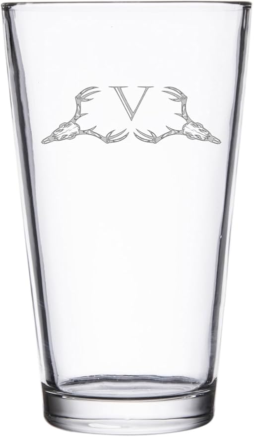 Hat Shark Deer Skull Letter Monogram Pint Beer Glass, 16 oz, Clear, A-Z Initials (1, Letter V)