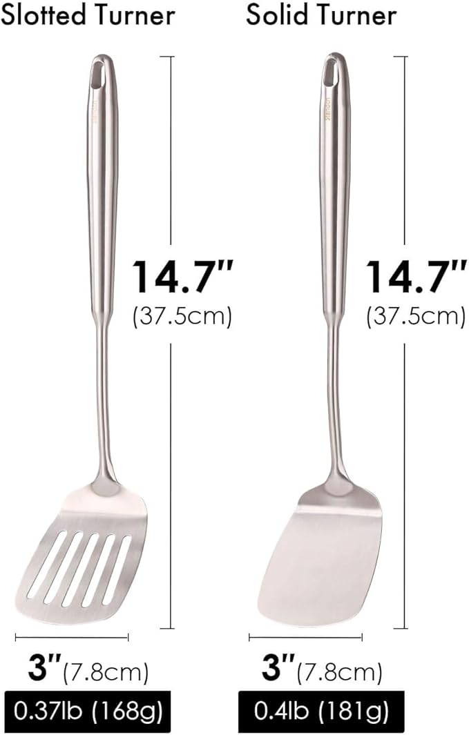 18/10 Stainless Steel Spatulas Set - All Metal Spatulas for Kitchen Use or Outdoor Grilling, 14.7″ Long, Non Toxic, Heavy Duty, Commercial, Chef Grade - 1 Slotted Spatula + 1 Solid Turner for Cooking