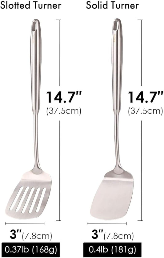 18/10 Stainless Steel Spatulas Set - All Metal Spatulas for Kitchen Use or Outdoor Grilling, 14.7″ Long, Non Toxic, Heavy Duty, Commercial, Chef Grade - 1 Slotted Spatula + 1 Solid Turner for Cooking