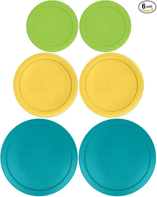 1, 2 & 4 Cup Spring Green, Yellow, Turquoise Replacement Lids/Covers for Pyrex, Anchor Hocking & KlareWare Storage Bowls *Lids Only Glass Container Not Included* (6 Pack *Two of Each Size*)