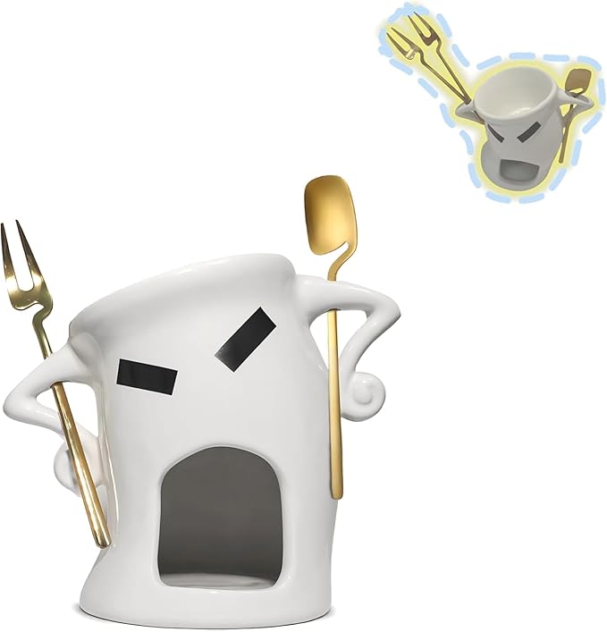 Ceramic Fondue Cup Set w/Built-In Fork & Spoon - Mini Chocolate/Cheese Fondue Mug | Microwave & Dishwasher Safe | Compact Gift-Ready (White)