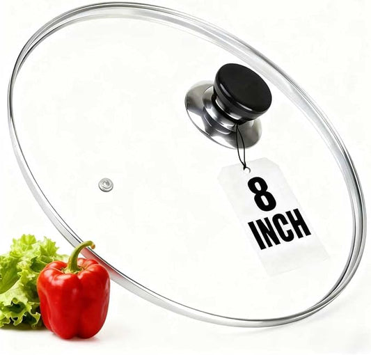 Round Tempered Glass Lid Replacement, Pot Lid 8 Inch Inner Diameter 8.2 Inch Outer Diameter, Pressure Cooker Accessories, Easy to Grip, Stainless Steel Rim, Clear (S)