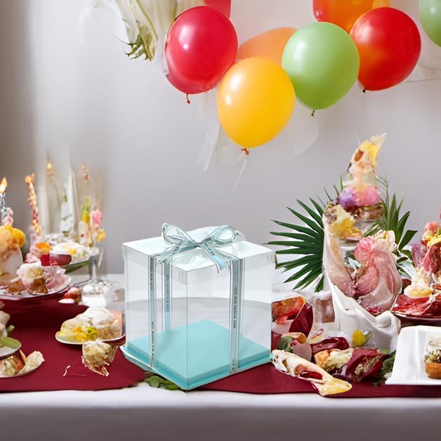 XININSUN 14x14x12inch clear cake box with ribbon,12inch14inch tall cake boxes for tiered cakes,layer cake carrier,disposable cake containers,ideal for wedding birthday party and gift display-Green
