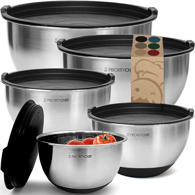 Priority Chef Premium Mixing Bowls With Lids Set, Airtight Lids, Thicker Stainless Steel Mixing Bowl Set, Large Prep Metal Bowls, Nesting Bowls for Kitchen, 1.5/2/3/4/5 Qrt, Black