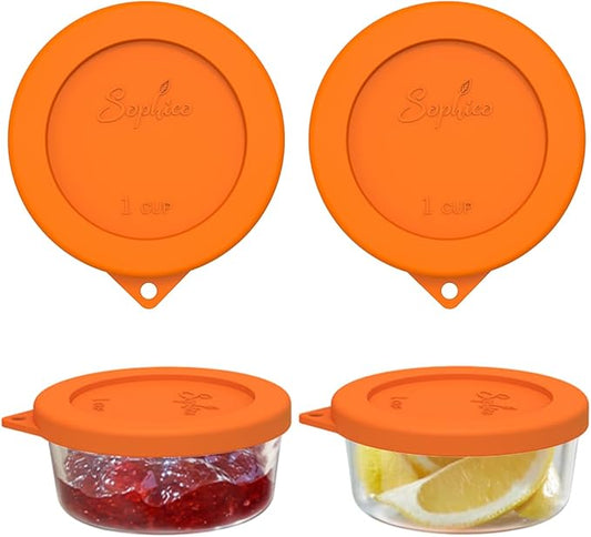 Sophico 1 Cup Round Silicone Storage Cover Lids Replacement for Anchor Hocking and Pyrex 7202-PC Glass Bowls (Container not Included) (Orange - 2 pack)