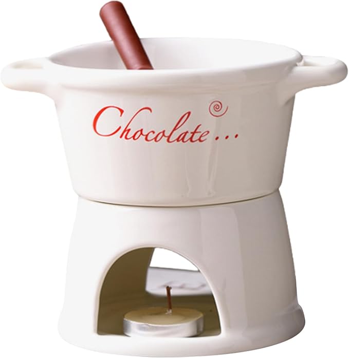 Chocolate Fondue Mug - 330 ml Ceramic Chocolate Melting Cup | Ceramic Personal Fondue Coffee Mug Warmer with Fork | Handmade Melting Butter Warmer for Appetizer Dessert Cheese (White)