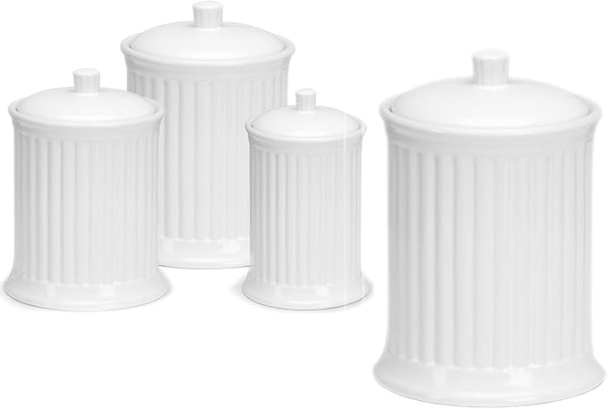 Omniware Simsbury 4-Piece Canister Set - Stoneware Kitchen Storage with Silicone-Sealed Lids, Lead-Free Glaze & Dishwasher Safe - Rustic Farmhouse-Style Flour & Sugar Containers (White)