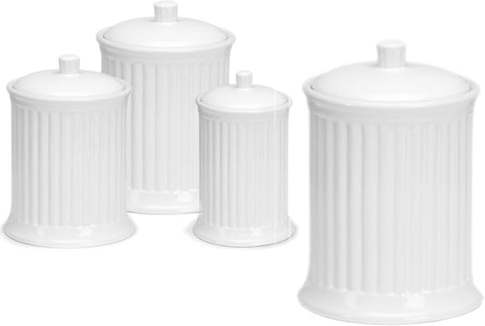 Omniware Simsbury 4-Piece Canister Set - Stoneware Kitchen Storage with Silicone-Sealed Lids, Lead-Free Glaze & Dishwasher Safe - Rustic Farmhouse-Style Flour & Sugar Containers (White)