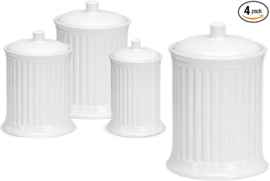 Omniware Simsbury 4-Piece Canister Set - Stoneware Kitchen Storage with Silicone-Sealed Lids, Lead-Free Glaze & Dishwasher Safe - Rustic Farmhouse-Style Flour & Sugar Containers (White)