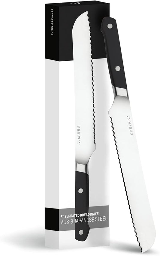 Misen Serrated Bread Knife – High-Carbon Japanese AUS8 Steel – Effortless Slicing of Bread, Pastries, and Fruits – Razor-Sharp Edge and Durable Blade with Ergonomic Handle - 10", Black