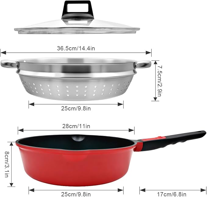 11 Inch Nonstick Deep Frying Pan with Lid, 4-Pc Set - (4.5 Qt Saute Pan with Lid, Steamer/Strainer Basket, Silicone Spatula), Skillet with Detachable Handle, Oven Safe, Non-Toxic