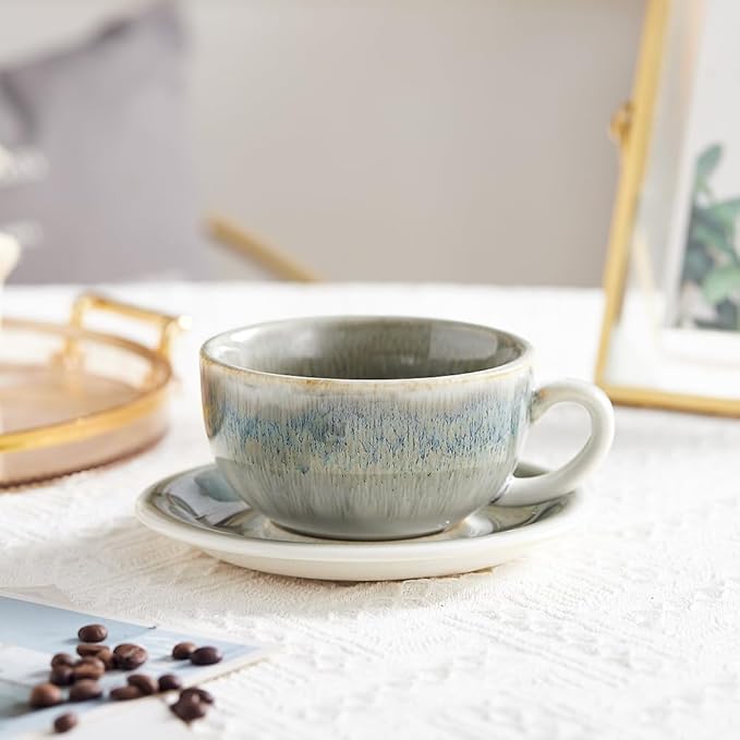 Vintage Design 12 oz Ceramic Latte Art Cappuccino Barista Cup with Saucer (Space Grey)